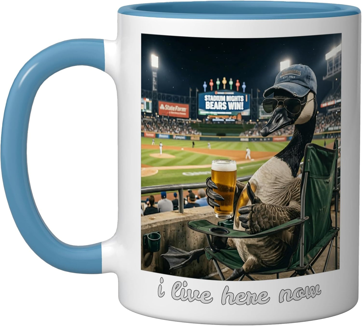 Taza cerámica de béisbol I Live Here Now azul/blanco