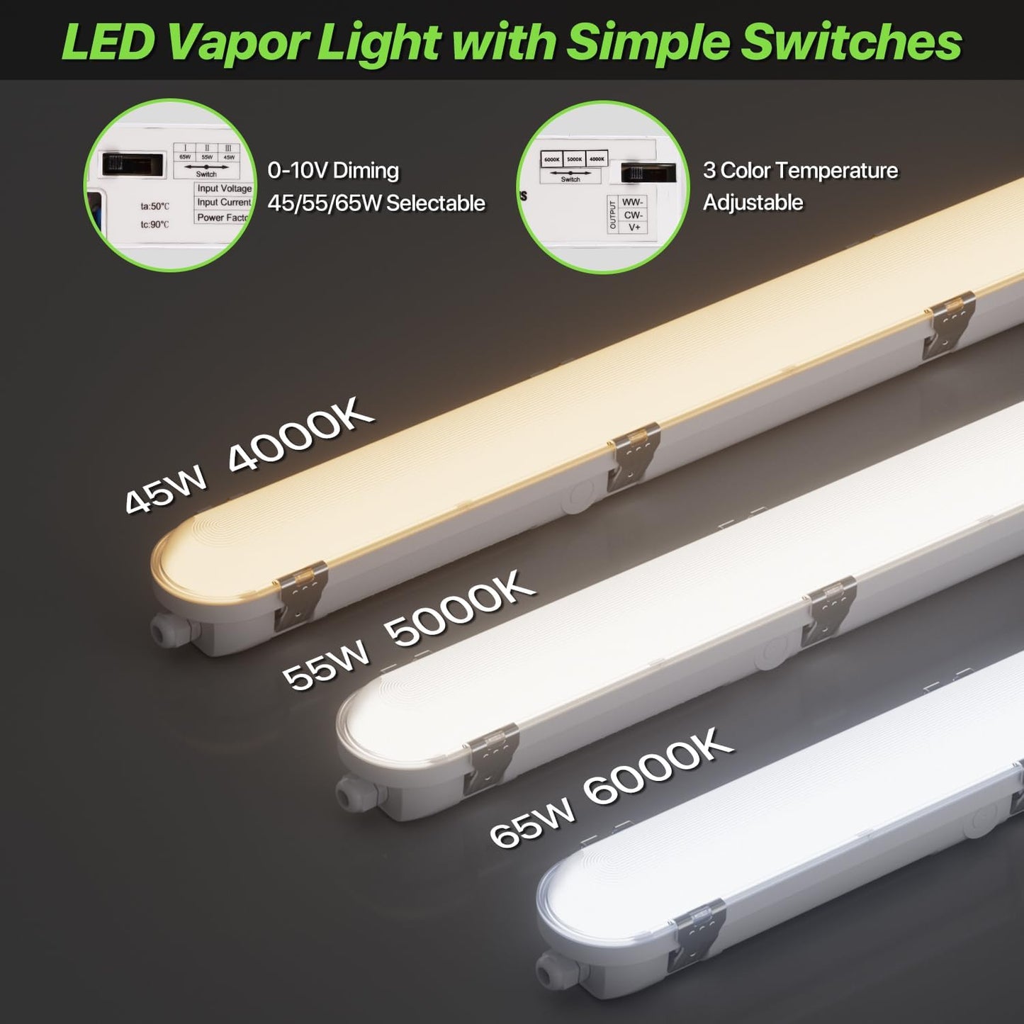 Luz LED Shop 4ft 45-65W 3 CCT ajustable IP65 8450LM
