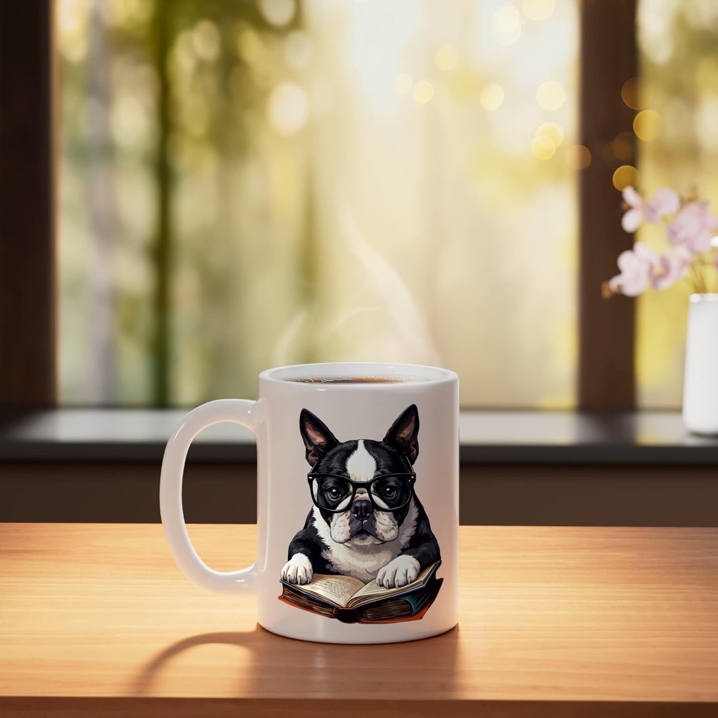 Taza Cerámica para Lectura Perro Boston Terrier Blanca