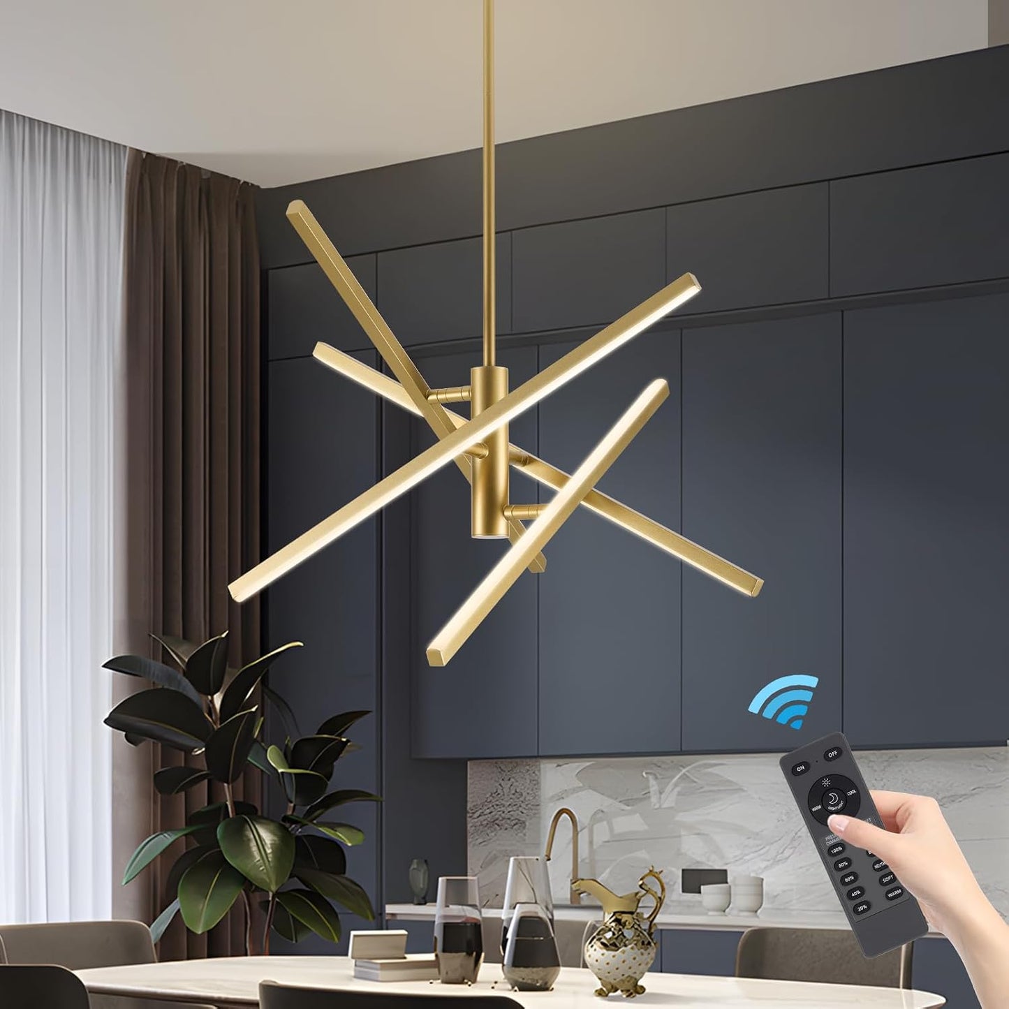 Lámpara colgante Sputnik 4 luces LED dorada para comedor y cocina