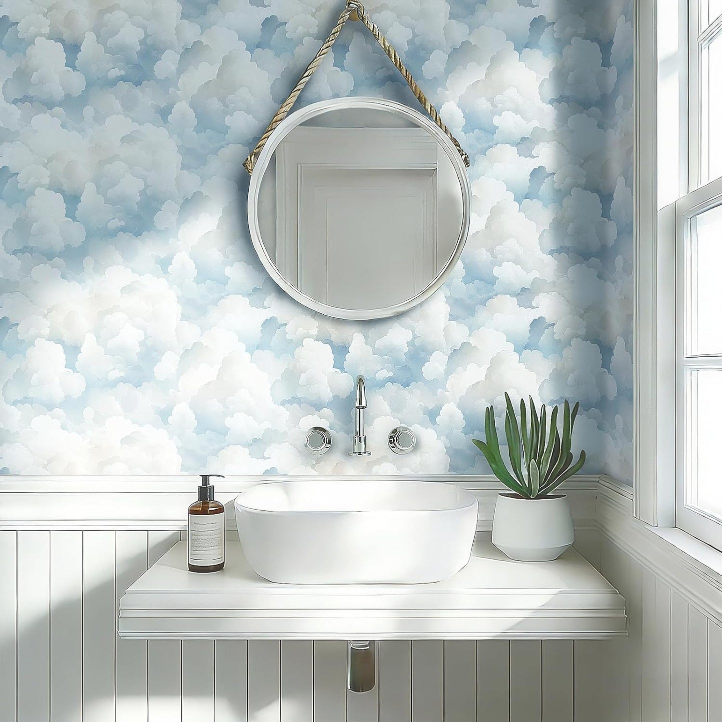 Papel tapiz nubes acuarela azul pastel y blanco para armarios