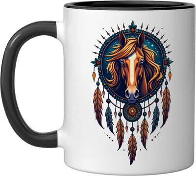 Taza cerámica Horse Dreamcatcher Nativo Americano con plumas negras/blancas