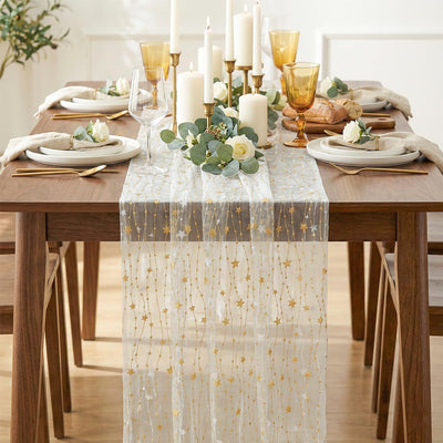 Camino de mesa de gasa beige con estrellas 10 pies purpurina transparente