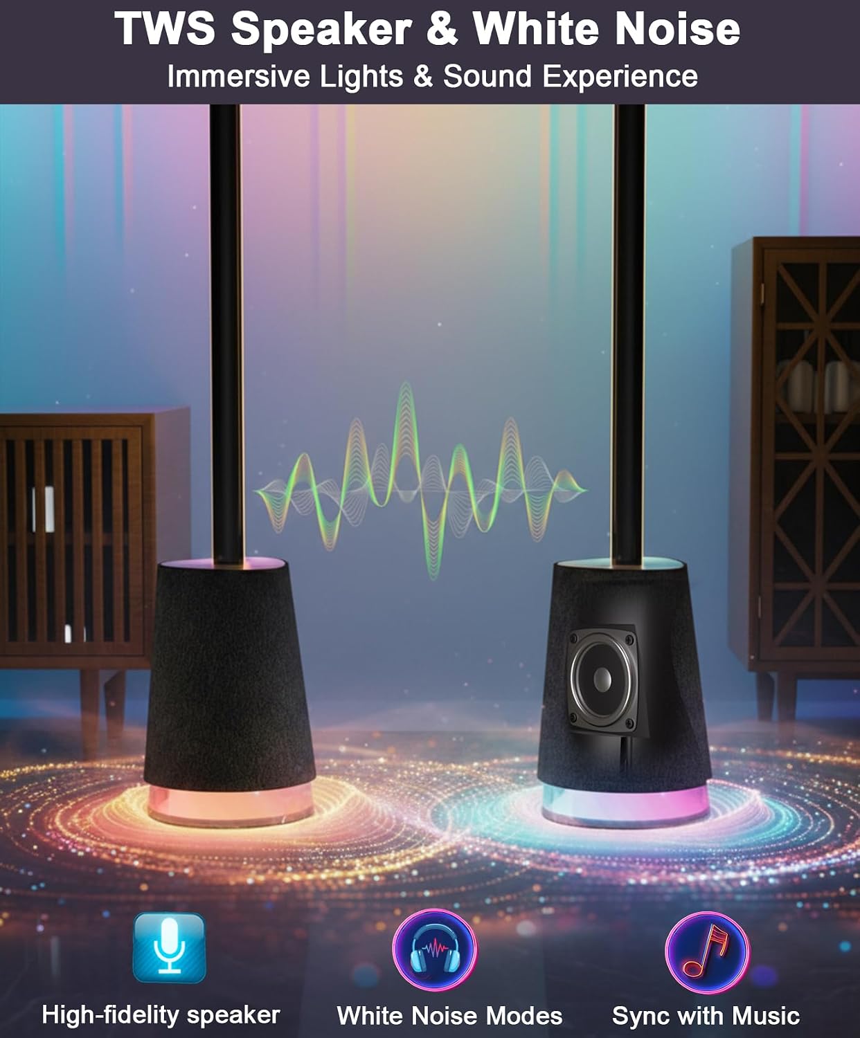Lámpara pie LED RGBWWIC con Alexa, control app y ruido blanco