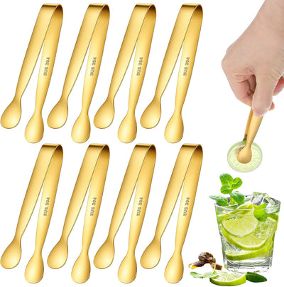8 pinzas pequeñas doradas de acero inoxidable para servir aperitivos, hielo, cubitos de azúcar, ensaladas y postres