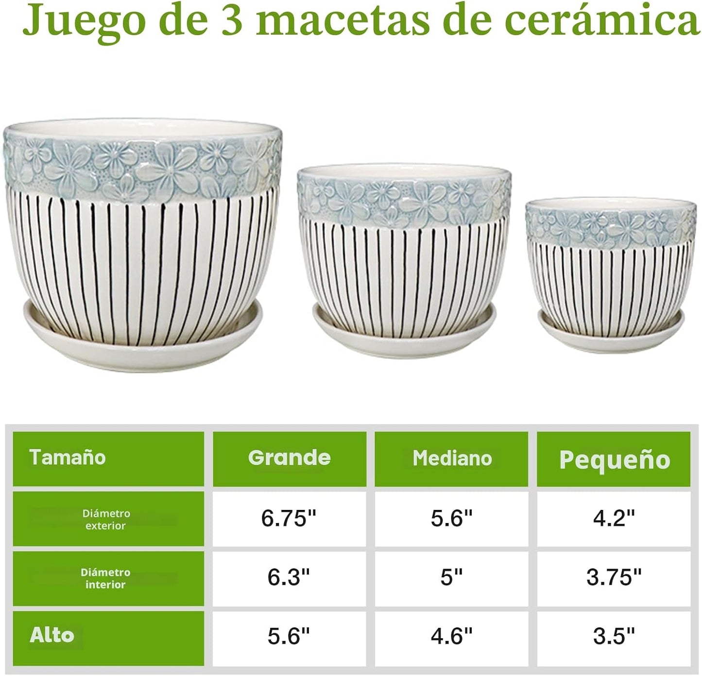 Set 3 Macetas Cerámica 6.75/5.6/4.2pulg Drenaje