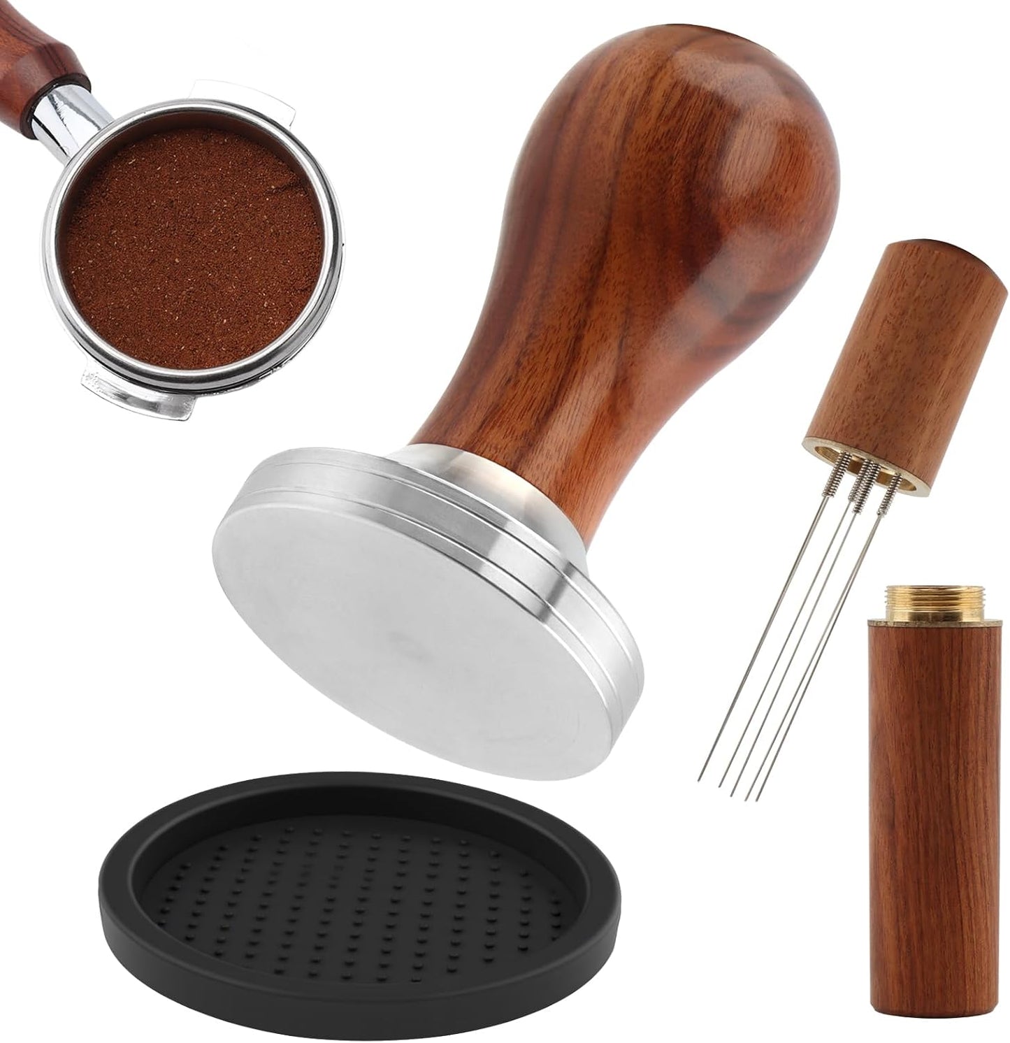 Kit manipulación café expreso mango madera dura con agitadores 8 agujas y almohadilla prensa polvo silicona