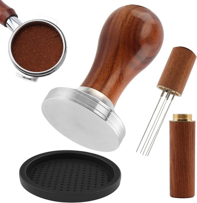 Kit manipulación café expreso mango madera dura con agitadores 8 agujas y almohadilla prensa polvo silicona