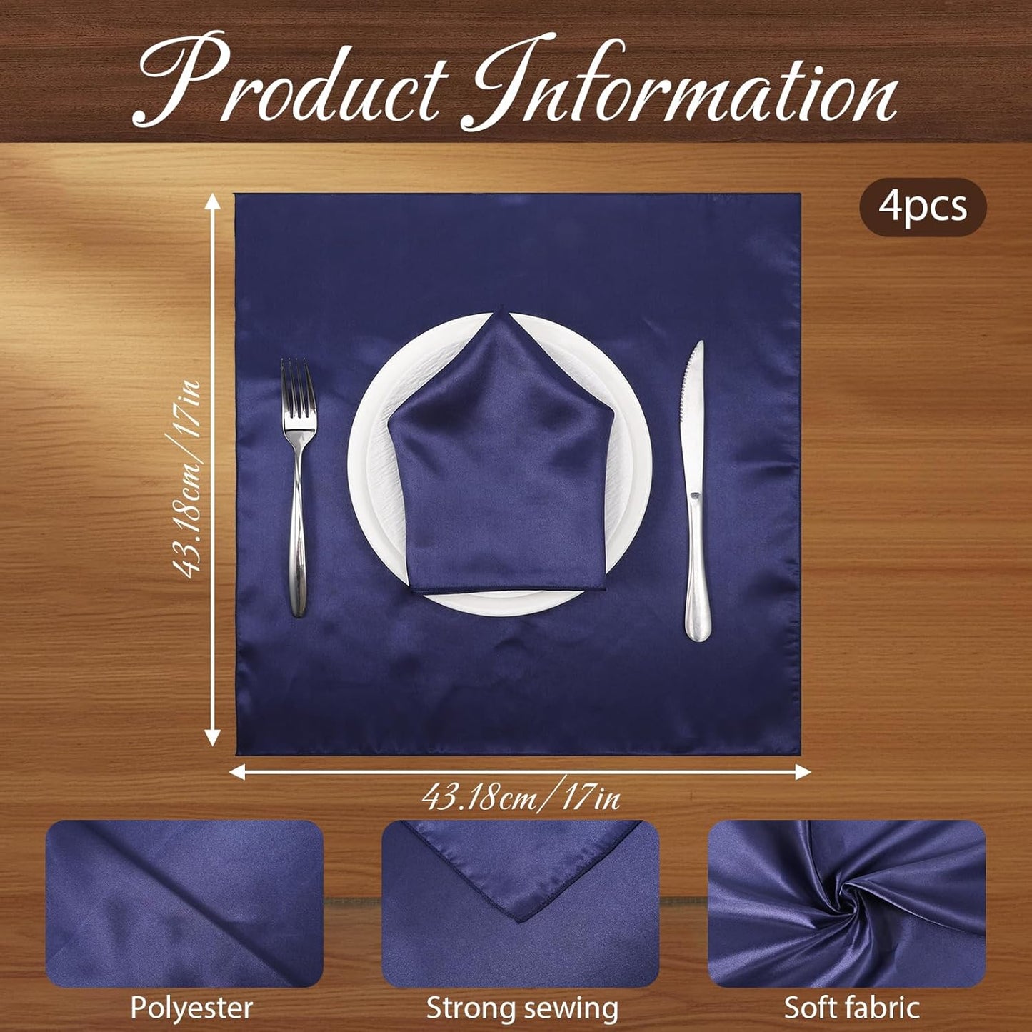 Servilletas poliéster reutilizables 17x17pulg paquete 4 azul marino