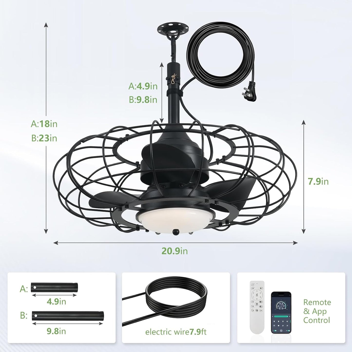 Ventilador techo exterior 20pulg luz 6 vel IP65 negro