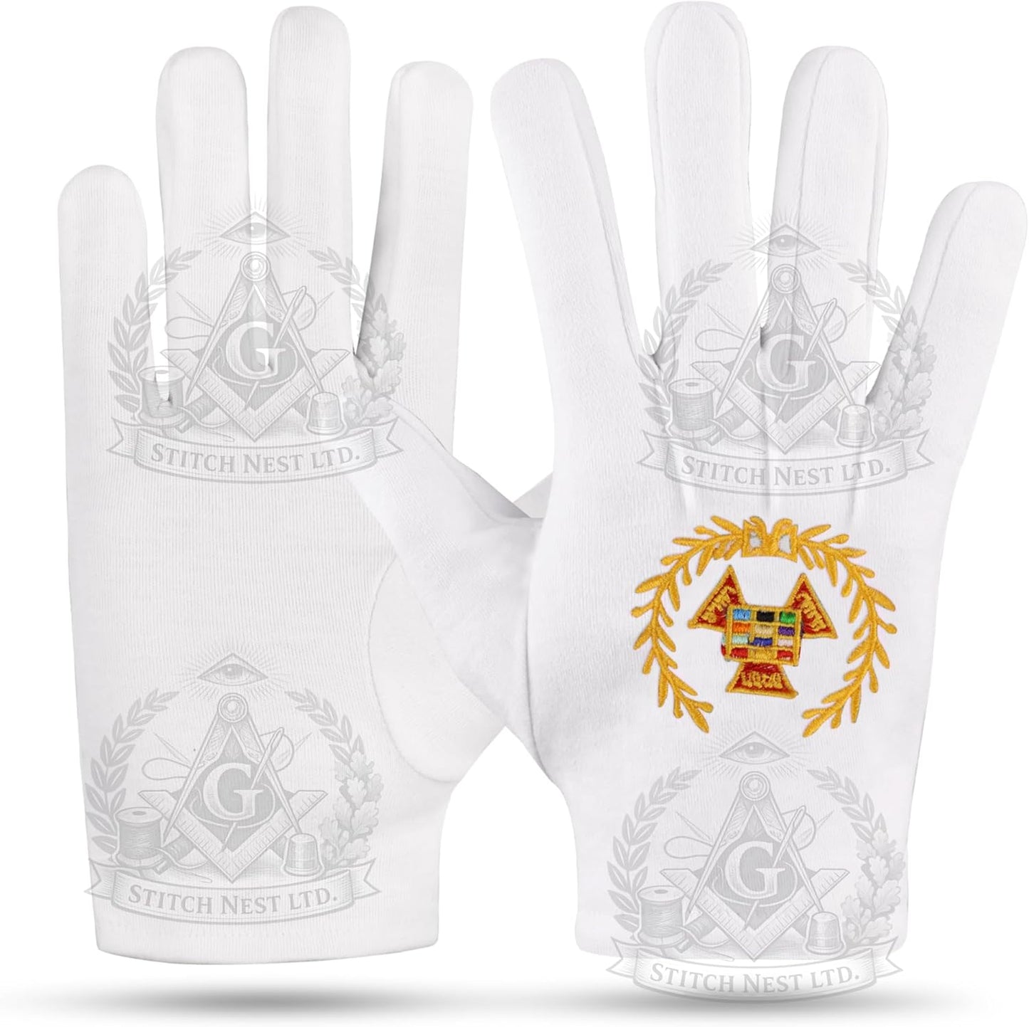 Delantal regalía masonería collar cadena joya guantes bordados rojo dorado