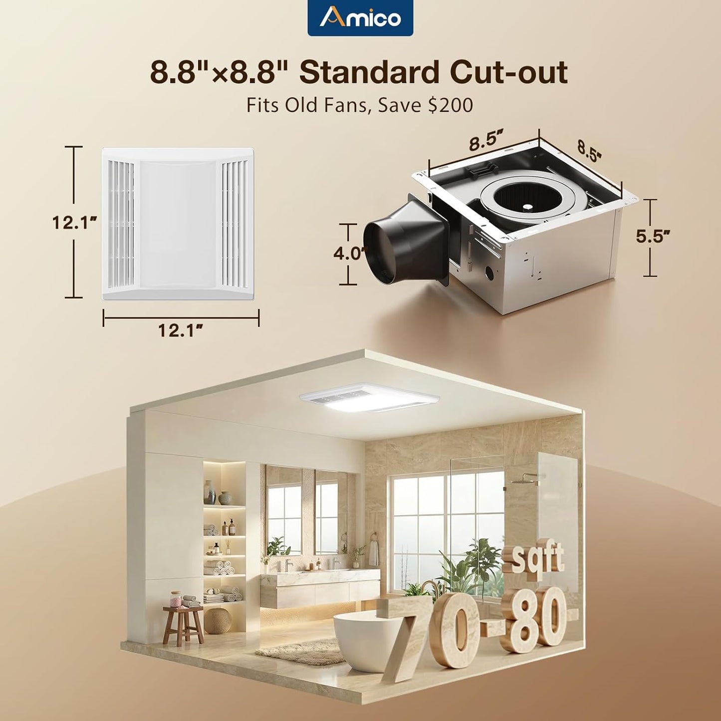 Extractor baño con luz LED 80CFM 4pulg ETL