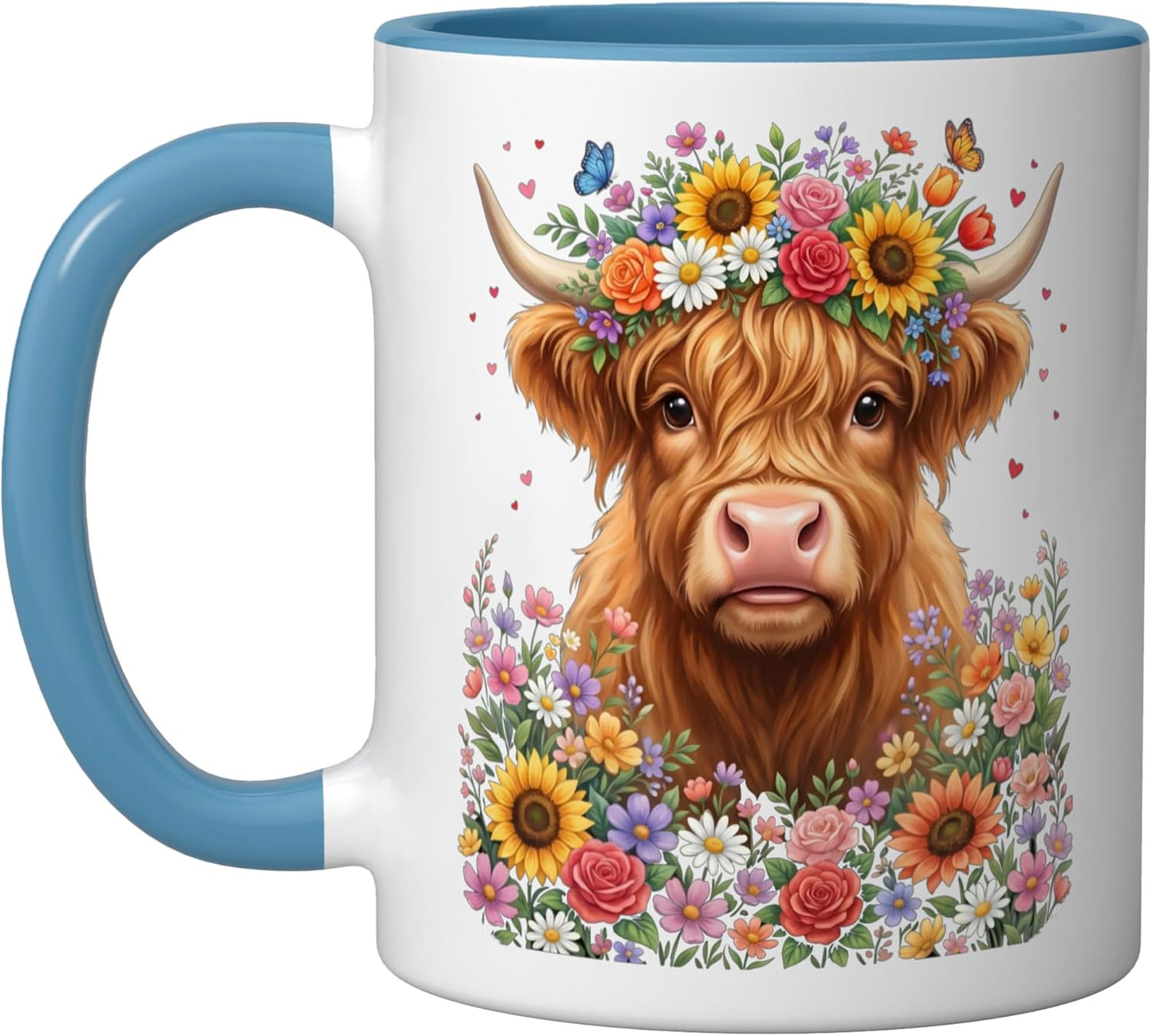 Taza Cerámica Vacas Escocesas Flores Azul Blanco