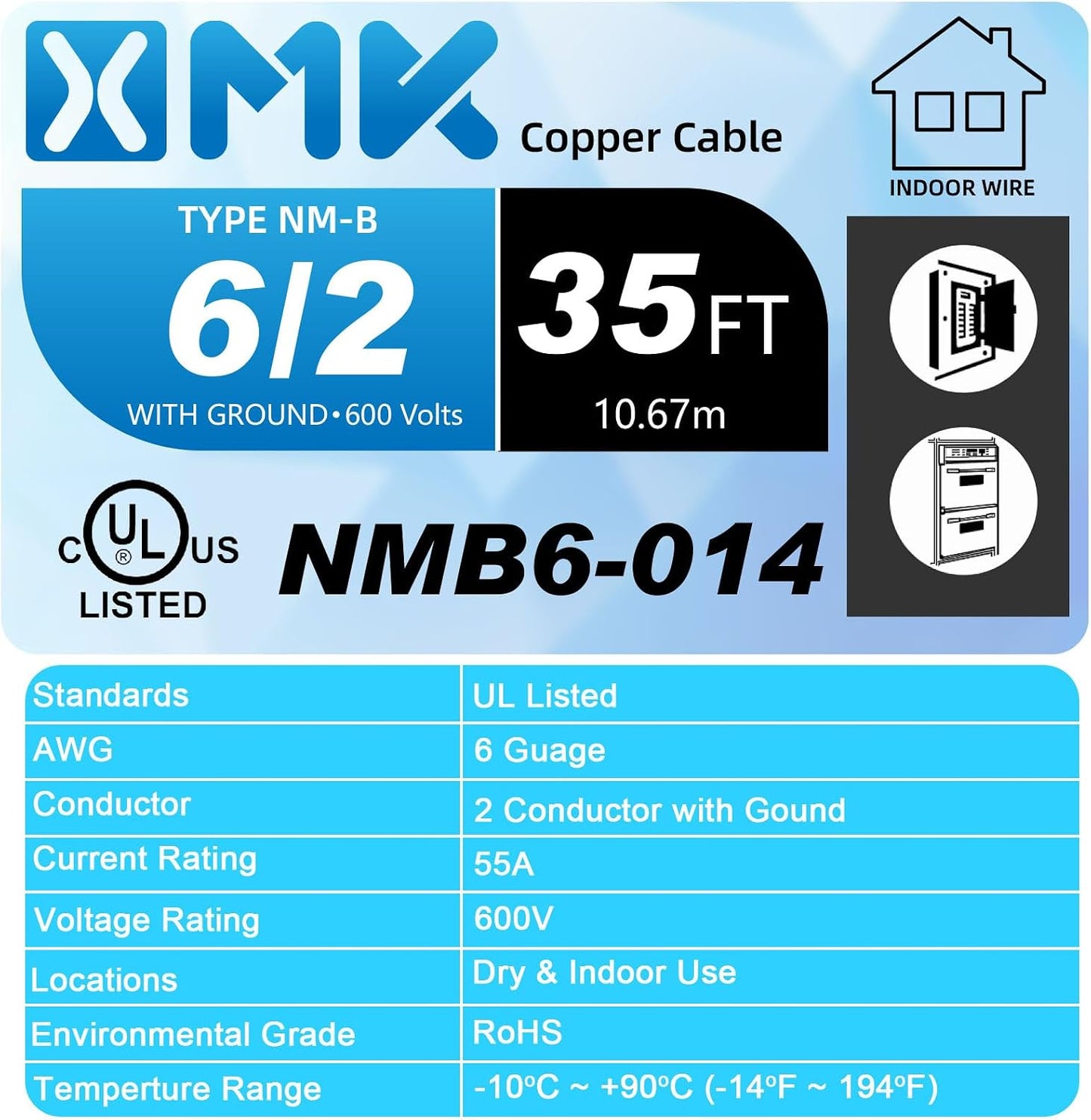 Cable NM-B 6/2 con tierra 35pies para electricidad residencial