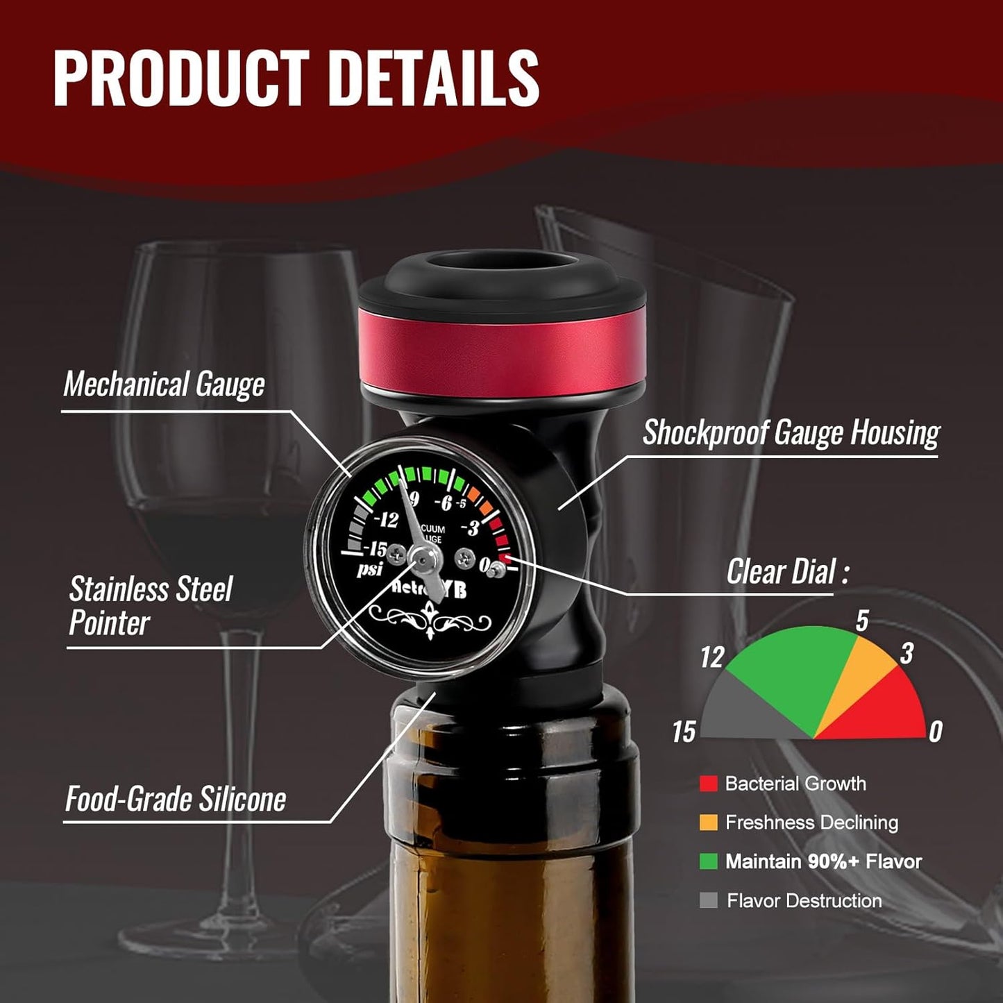 Paquete de 2 selladores al vacío de vino con medidor de presión tapones reutilizables para vino tinto y blanco
