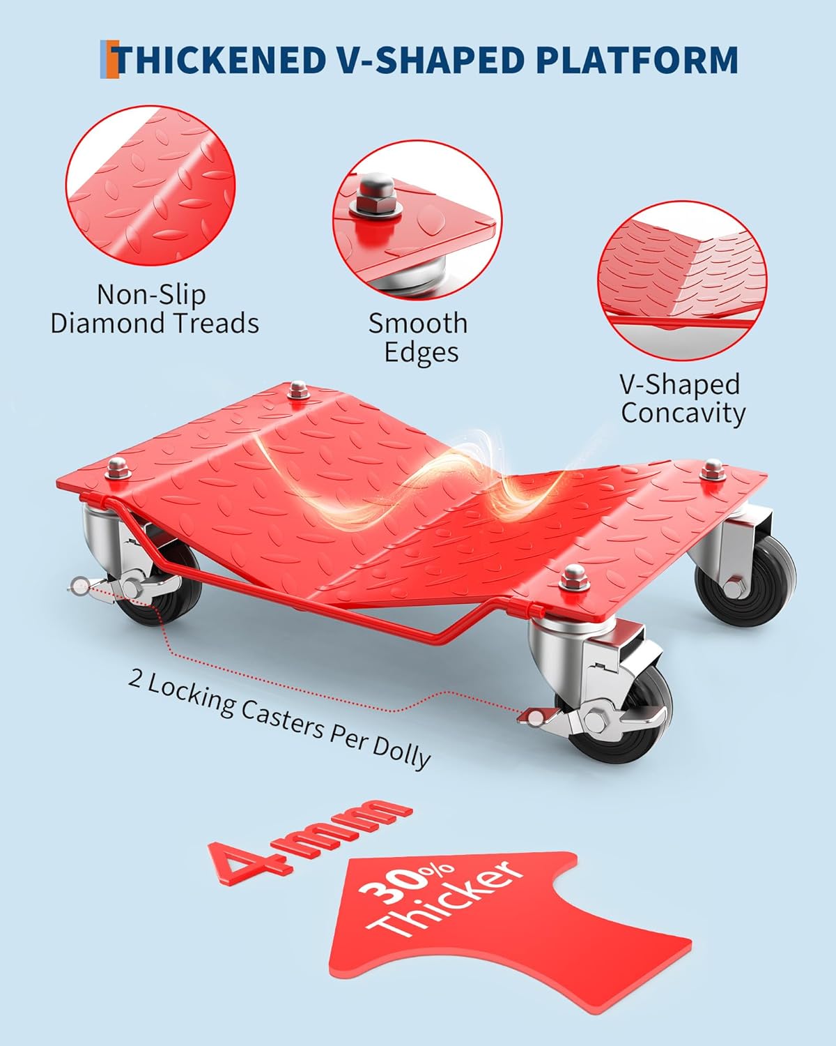 Set 4 Carros Ruedas Mudanza Automóvil 6000lb Resistente Rojo