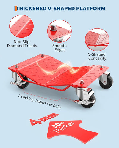 Set 4 Carros Ruedas Mudanza Automóvil 6000lb Resistente Rojo