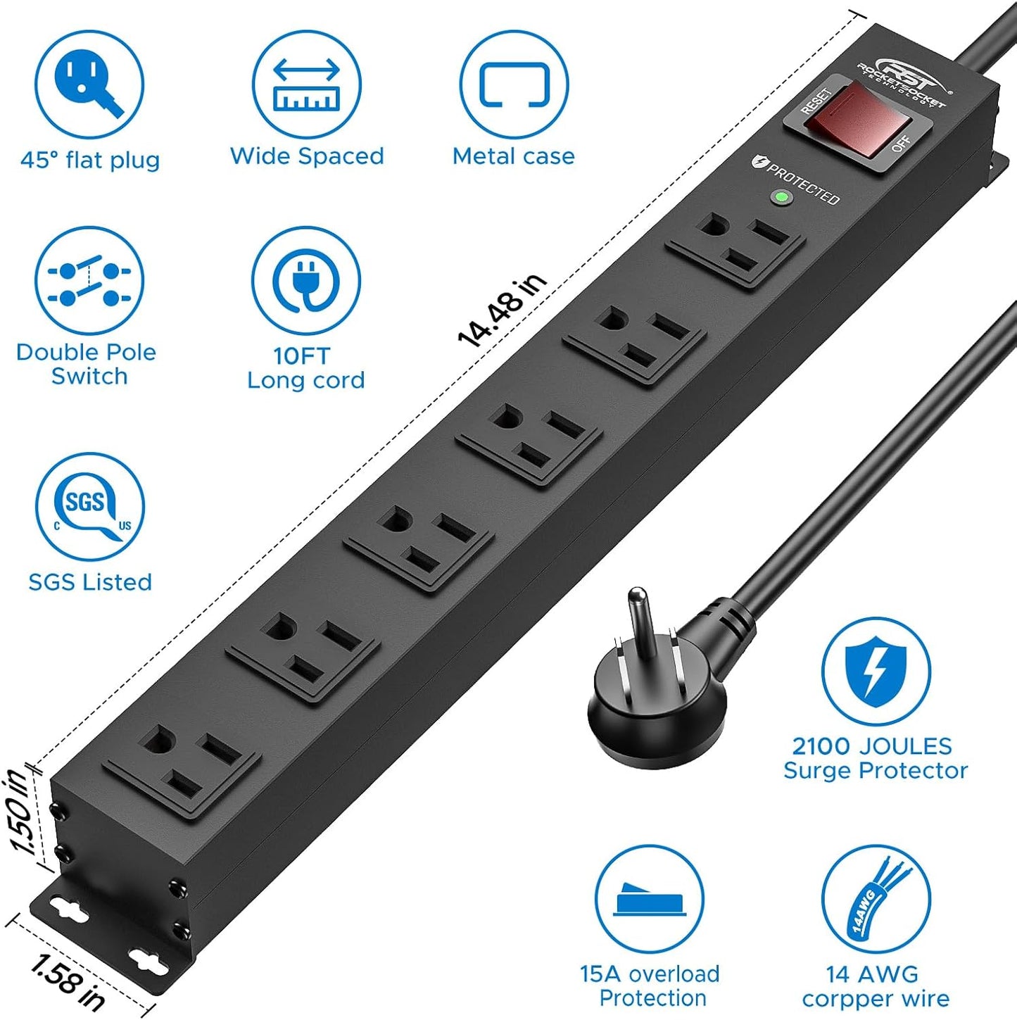 Regleta alimentación 6 salidas metal 15A con protección