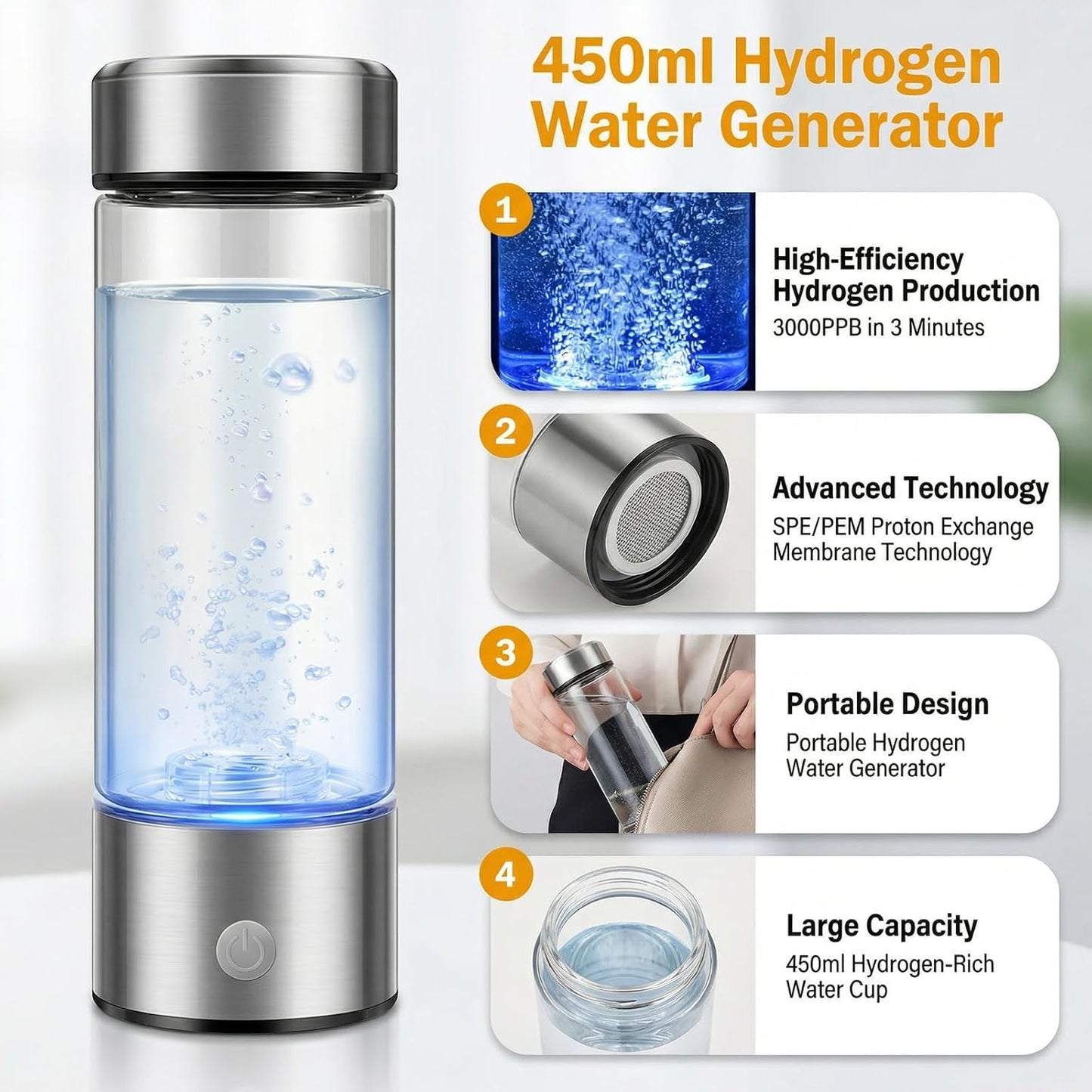 Botella hidrógeno SPE/PEM 3000PPB 15.2oz portátil
