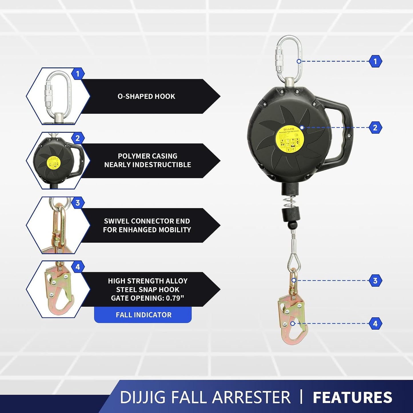 Cordón seguridad retráctil 50ft clase 1 ANSI OSHA construcción