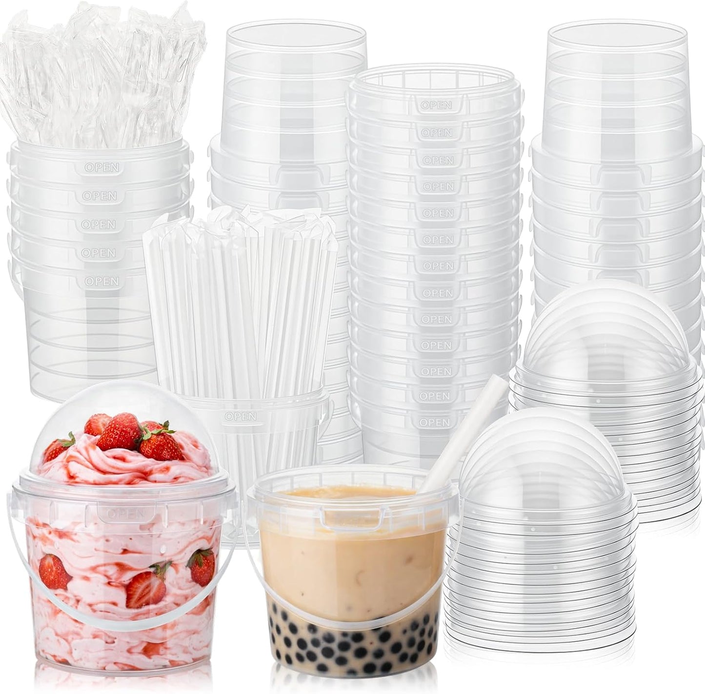 50 Cubos Plástico Reutilizables 24oz Con Tapa Pajita