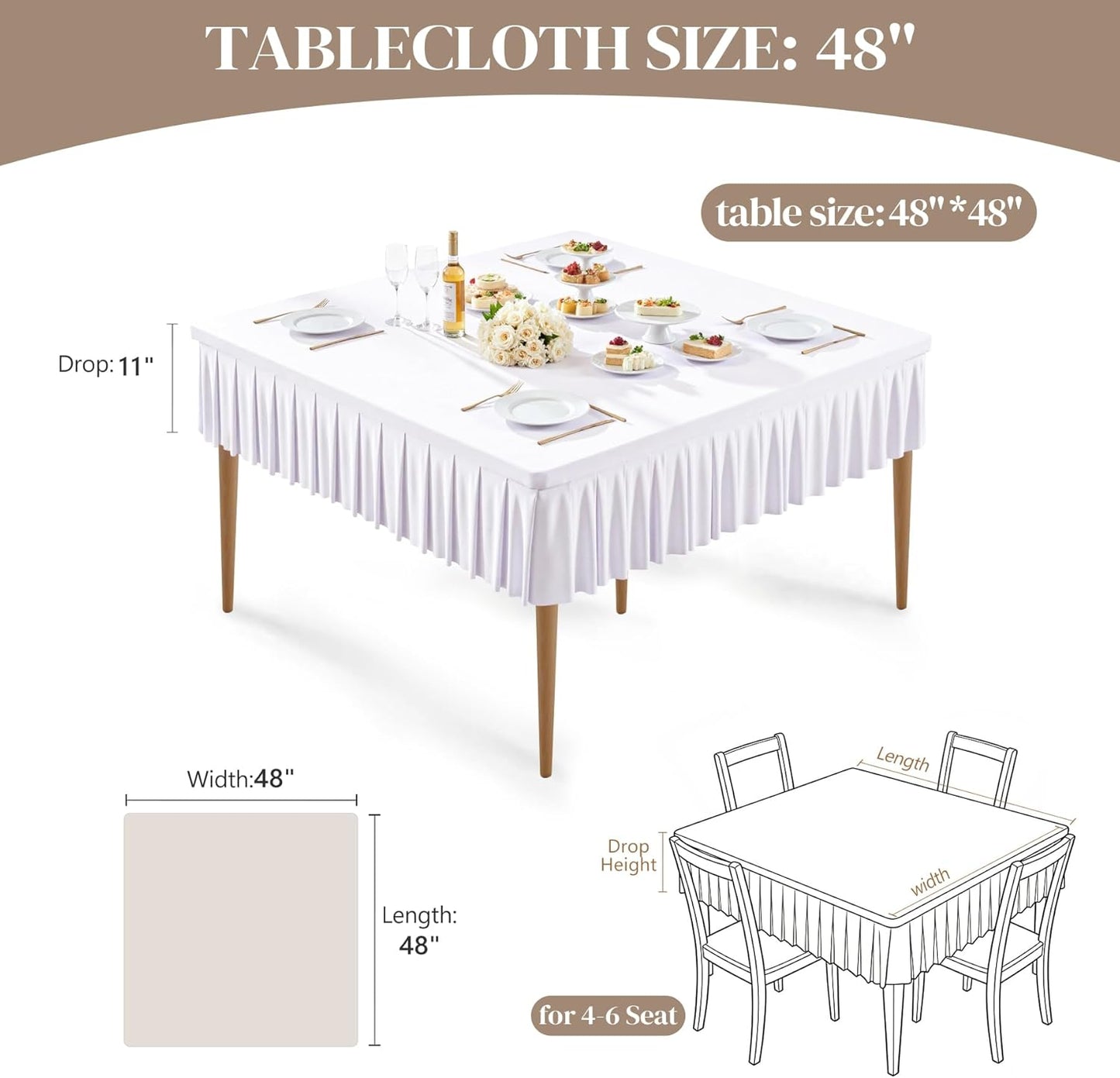 2 Manteles Elastano Blanco Mesa 48x48pulg Con Falda Plisada