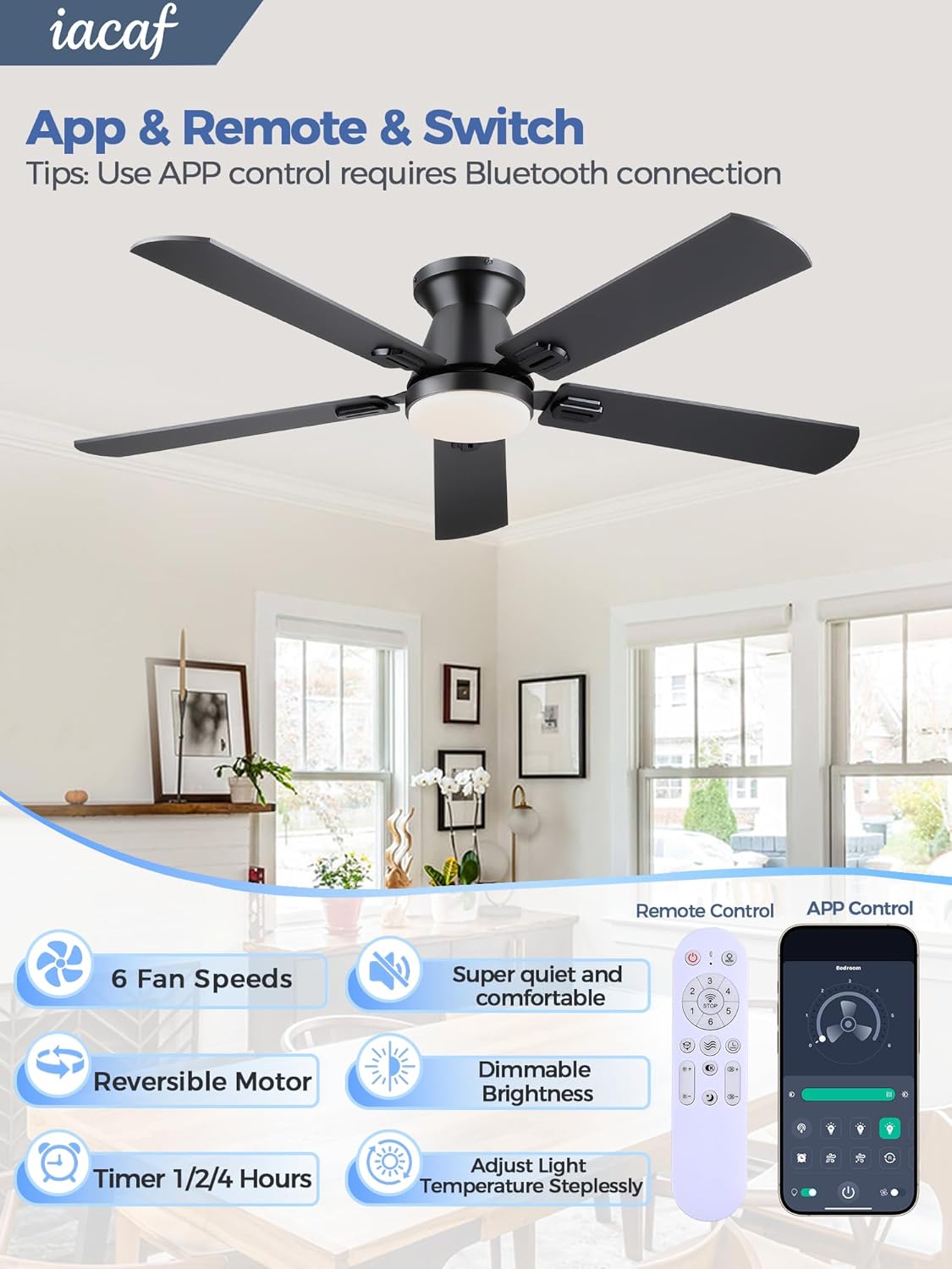 Ventilador techo bajo 52pulg luz control remoto motor DC