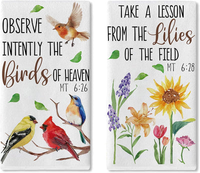 Juego de 2 paños de cocina con diseño de pájaros y flores cristianos, versículo bíblico Mt 6:26