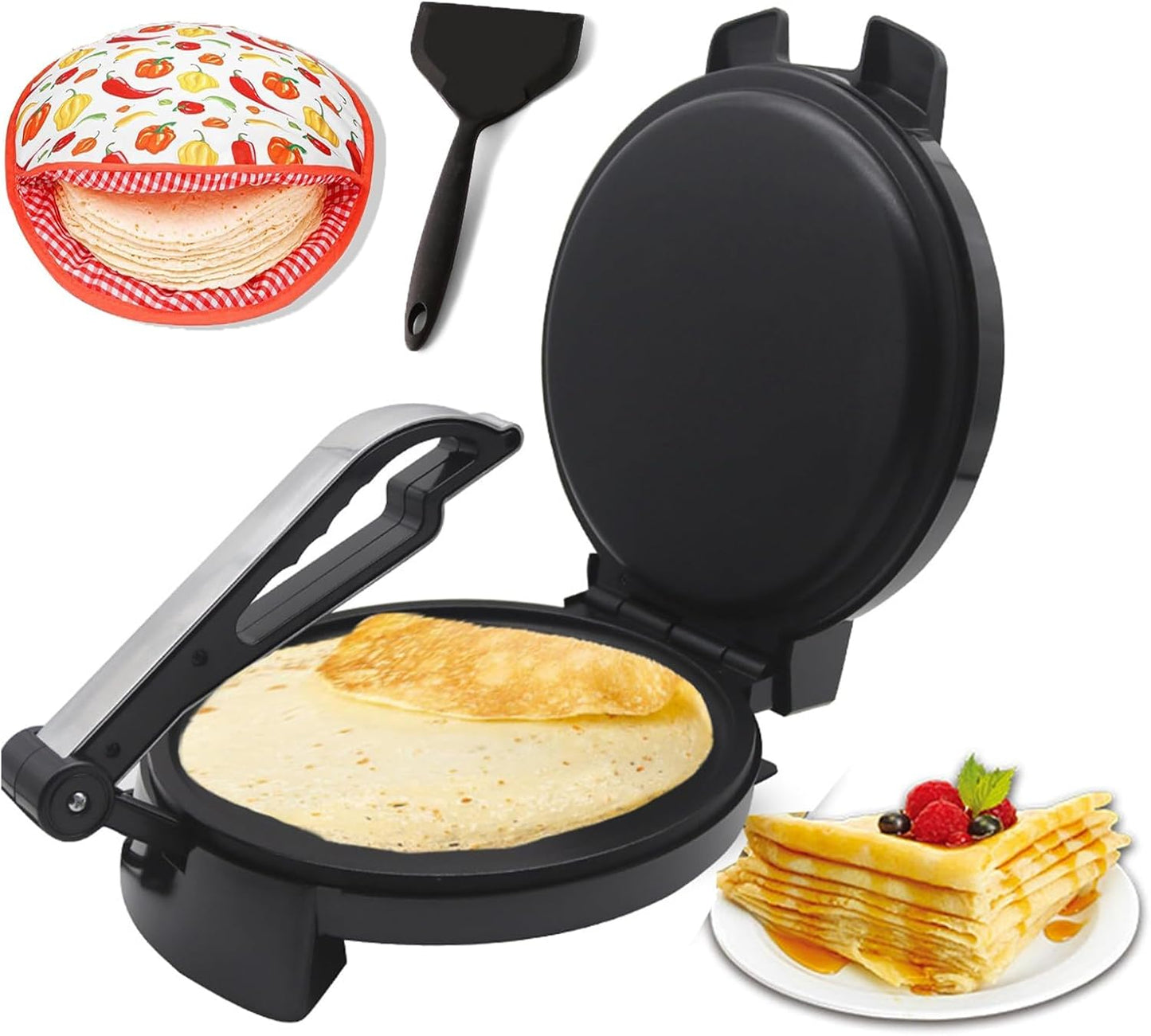 Prensa de tortilla eléctrica 10 pulgadas 1200 W para chapati roti crepes con bolsa de calentamiento y espátula