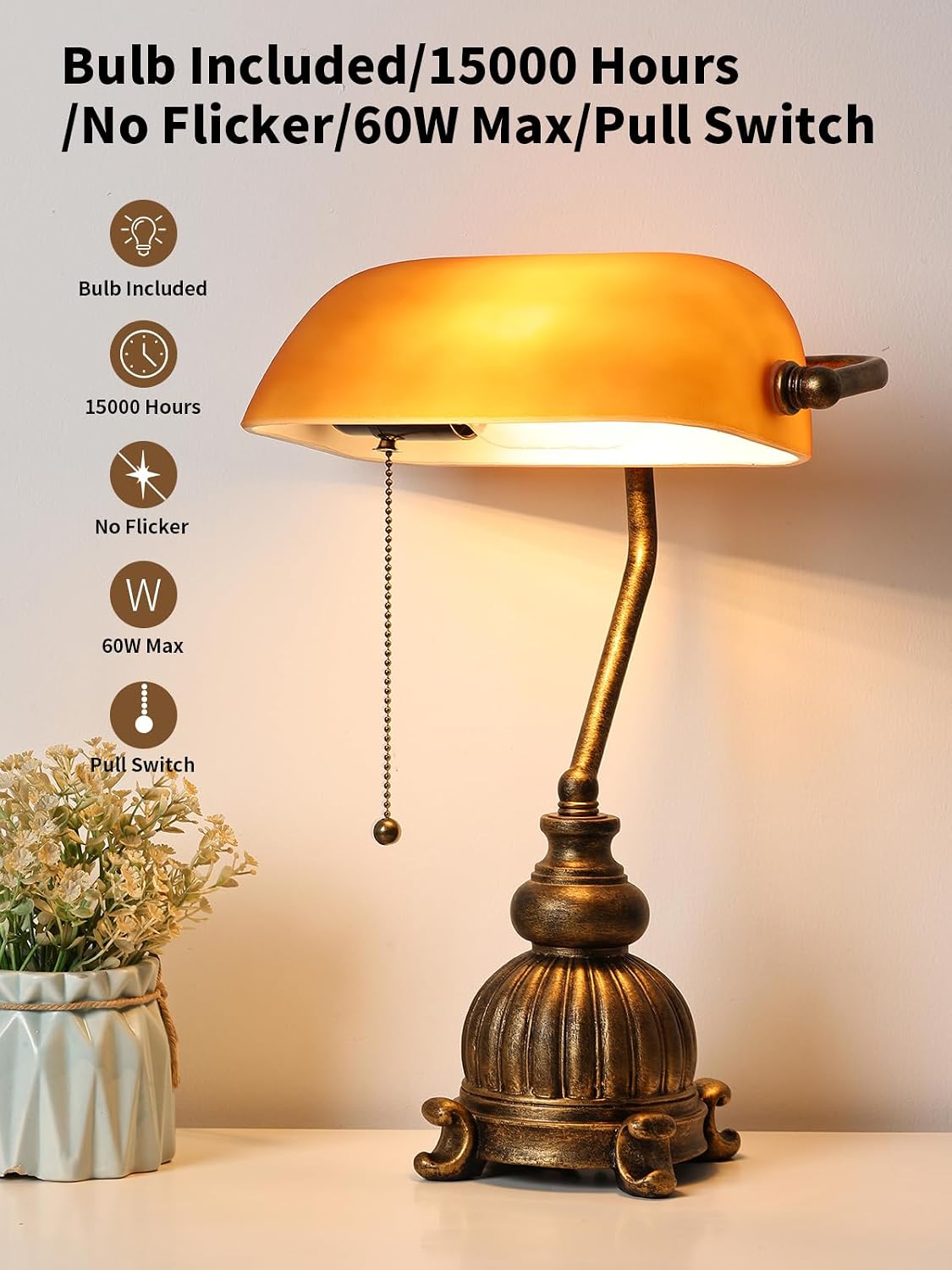 Lámpara escritorio cristal ámbar interruptor cadena enchufable LED