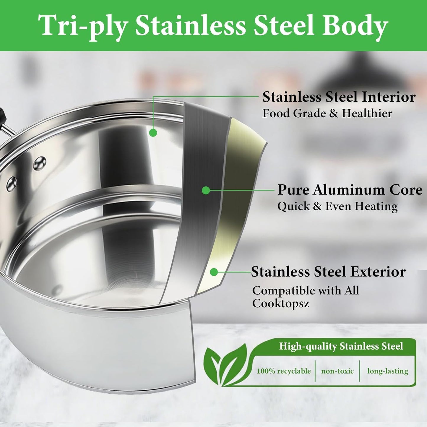 Cacerola acero inox 2.5-5.5qt compatible todas estufas
