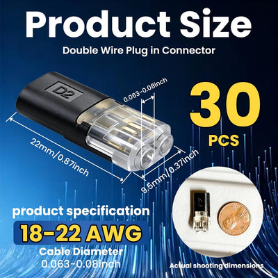 30 Conectores LED doble cable 2 pines sin cortar