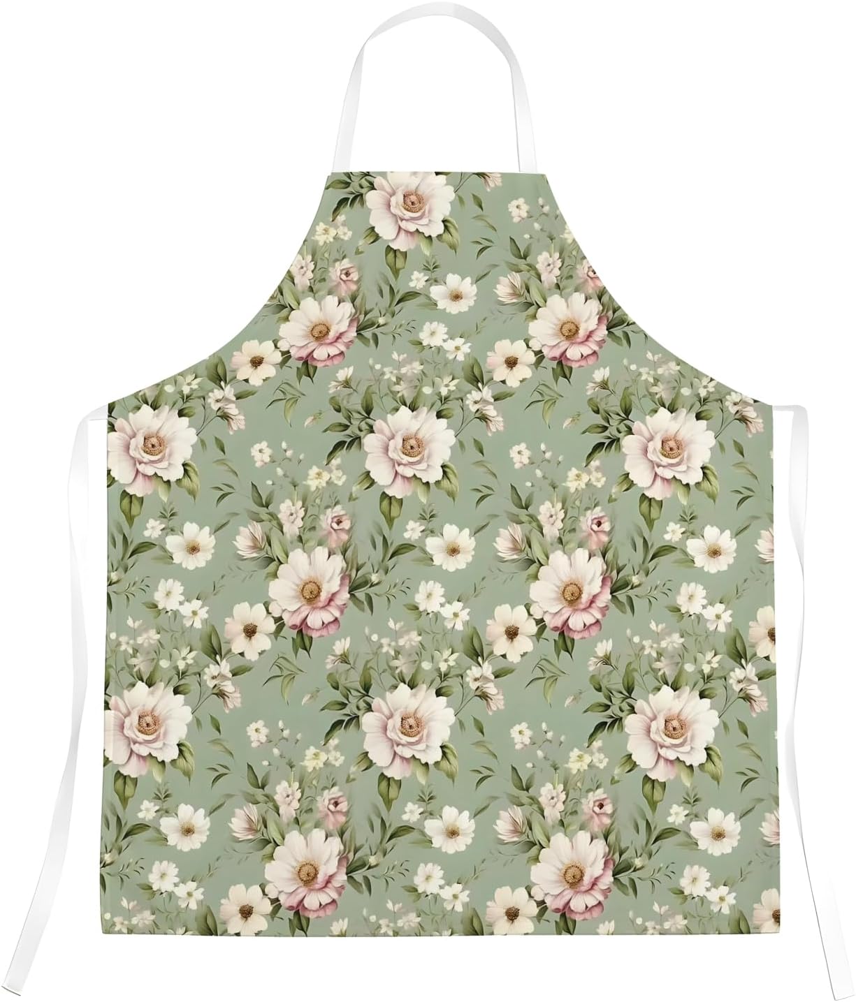 Delantal floral vintage verde salvia con diseño de peonía