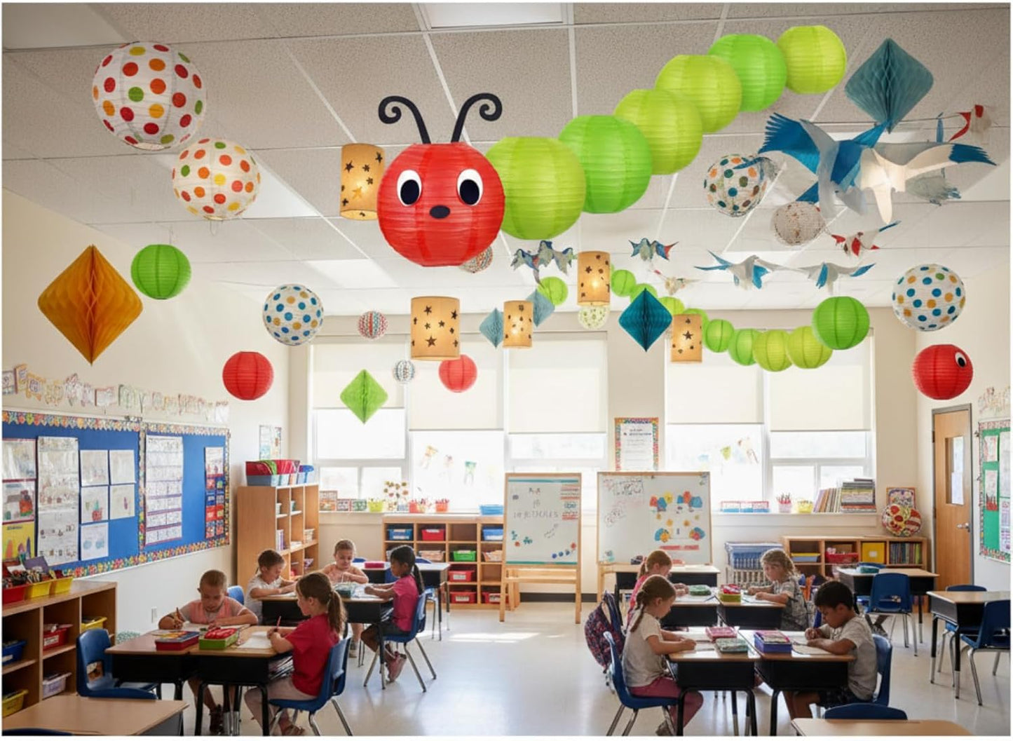7 Pzas Decoración Cumpleaños Oruga Linternas Papel Con Ojos