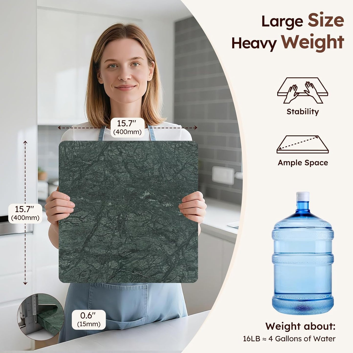 Tabla cortar mármol natural 16x16pulg verde con pies antiderrap