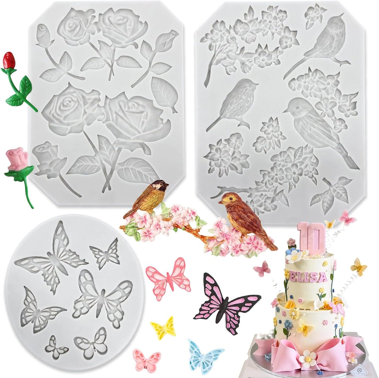 3 Moldes Silicona Fondant Mariposa Rosas Pajaros