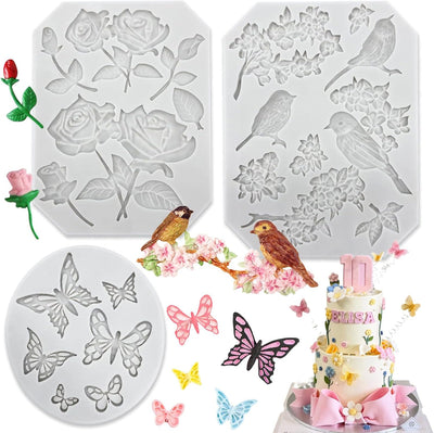 3 Moldes Silicona Fondant Mariposa Rosas Pajaros