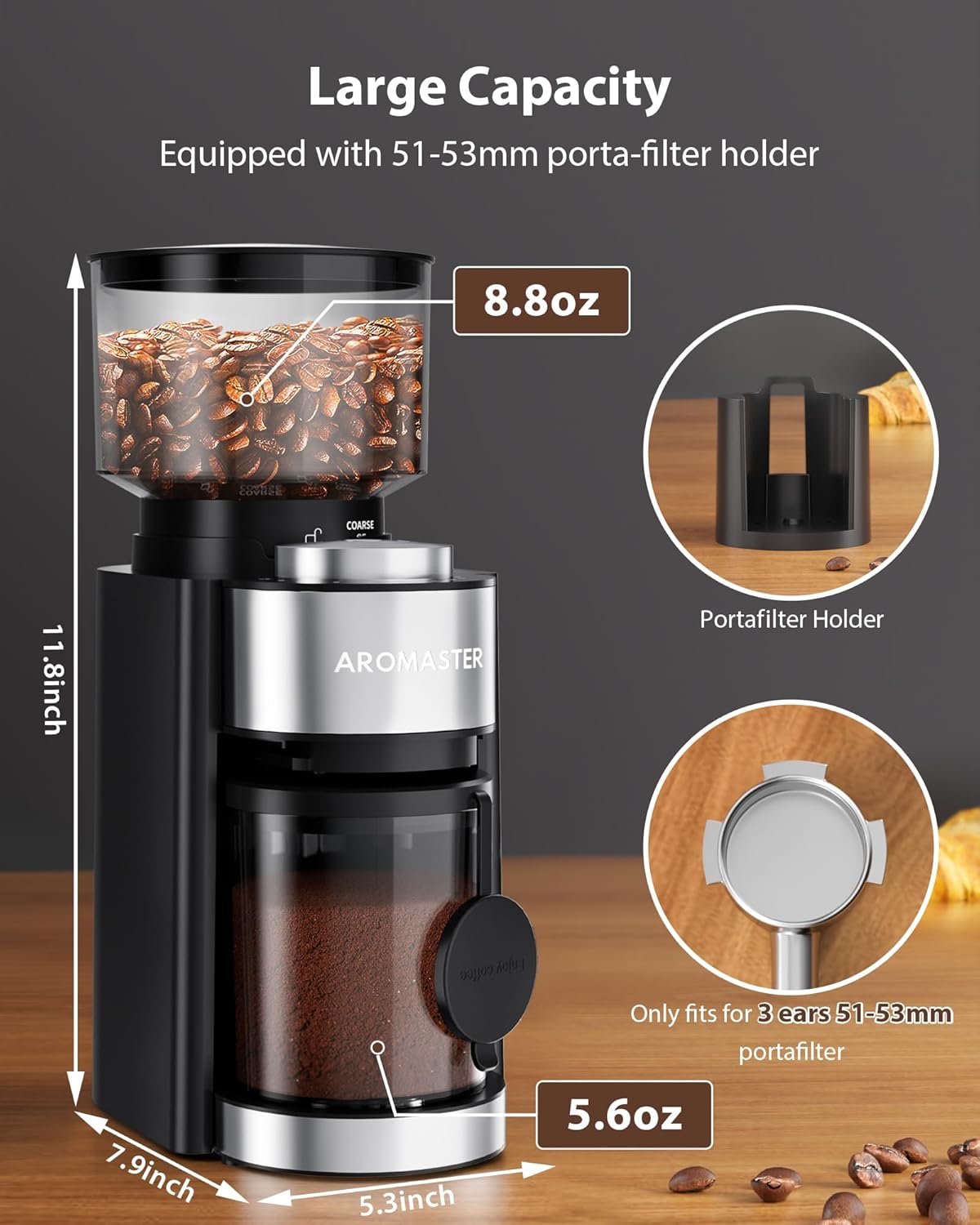 Molinillo de café con rebabas cónicas y soporte de 3 orejas