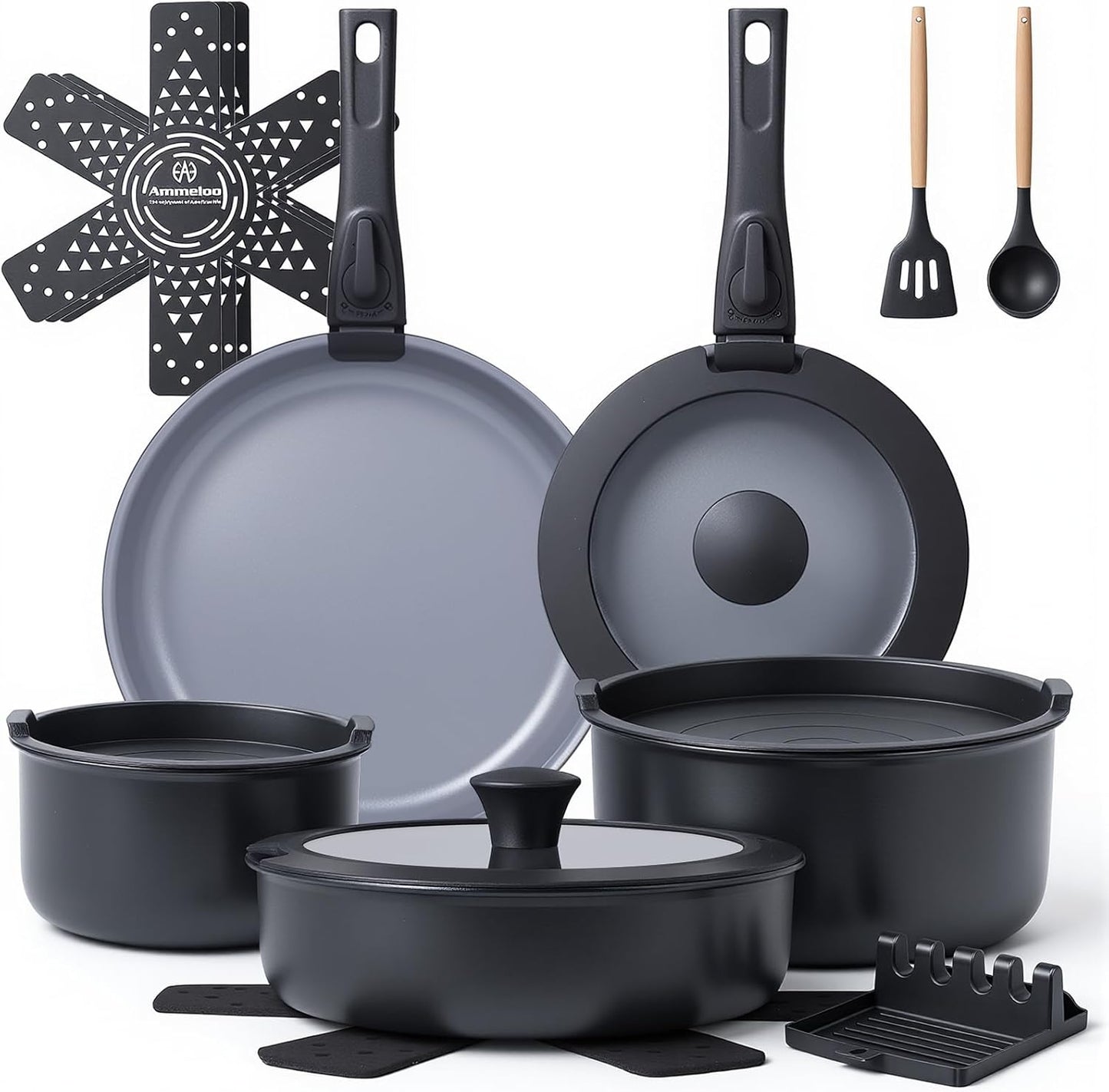 Set 18 Pzas Ollas Cerámica y Moldes Hornear Apilables Negro