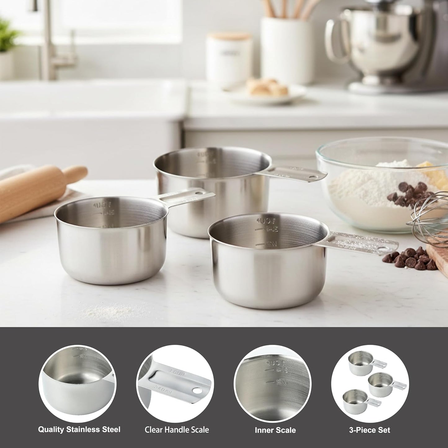 Juego de 3 tazas medidoras de acero inoxidable con mango ergonómico