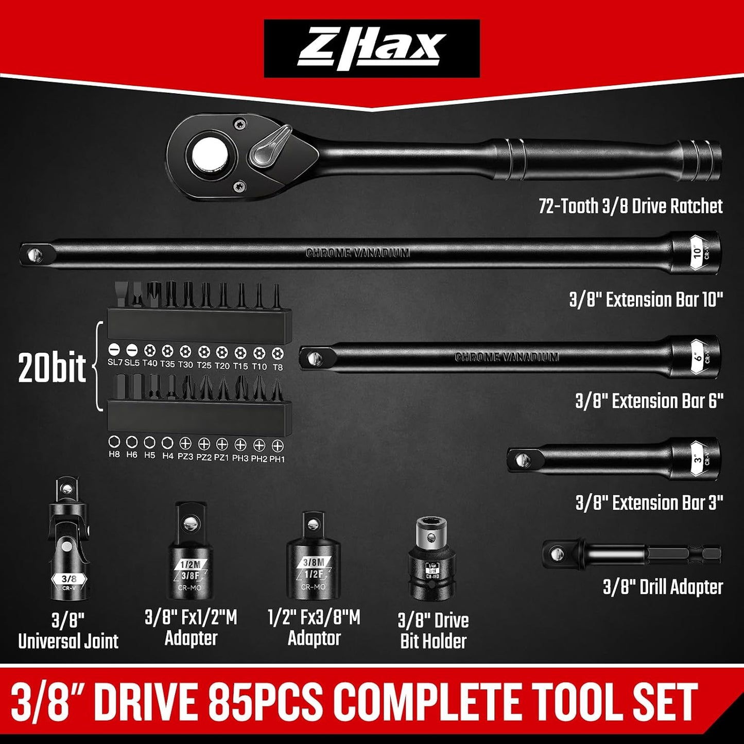 Set 85 Pzas Llaves Impacto 3/8pulg SAE y Métricas