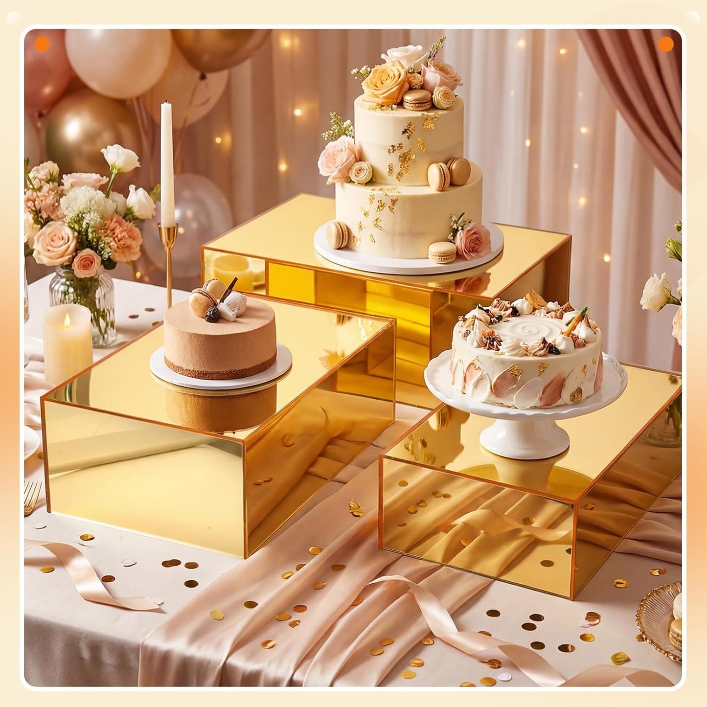 Set 3 Elevadores Acrílicos 15x14x13pulg Soporte Dorado