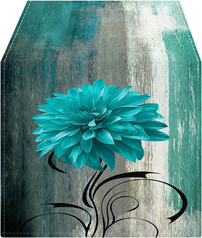 Camino de mesa felpilla grueso color verde azulado y gris 36 pulgadas pintura vintage flores rústico decoración comedor