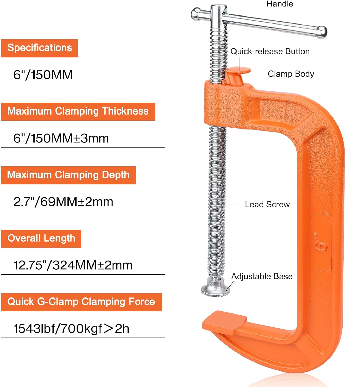 Abrazadera C 6pulg botón resistente 700kgf carpintería
