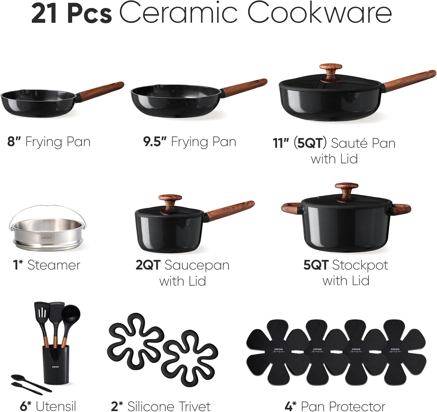 Set 21 Utensilios Cerámica Antiadherente Inducción Negro