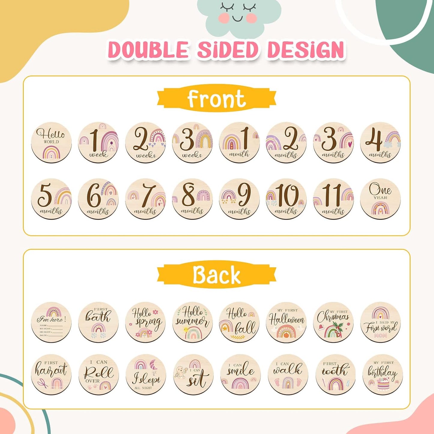 16 Tarjetas Madera Meses Bebé Doble Cara Baby Shower