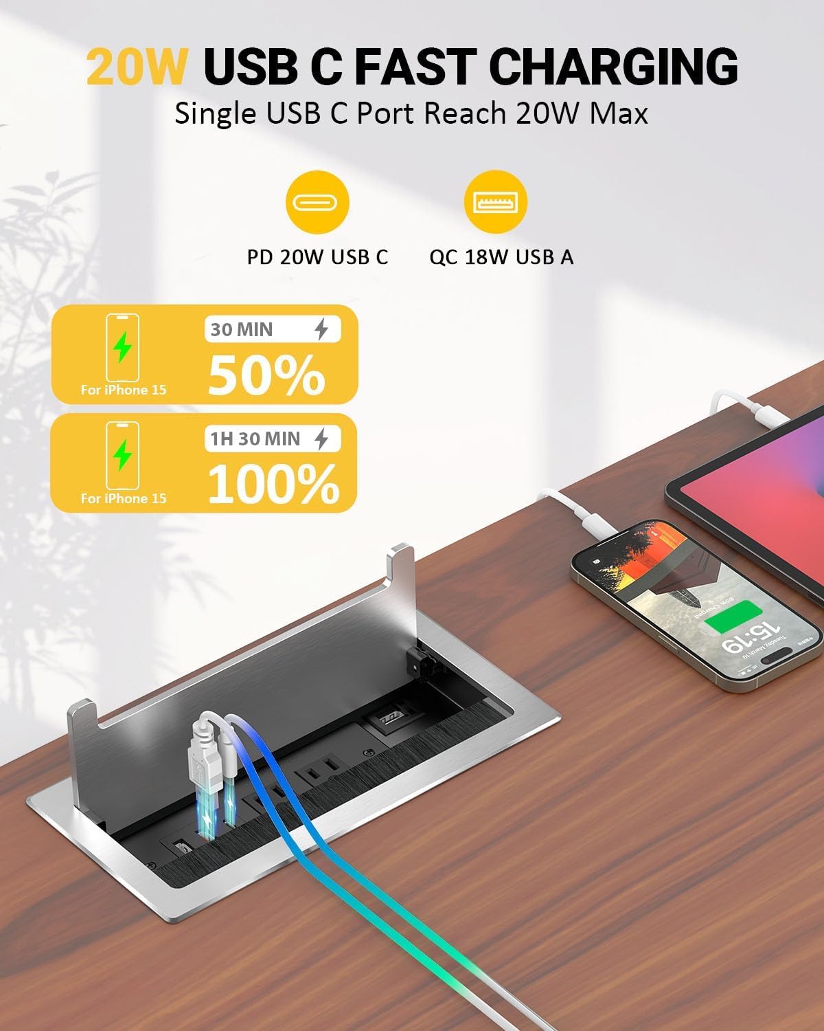 Concentrador mesa conferencias 10ft HDMI USB C 20W metal