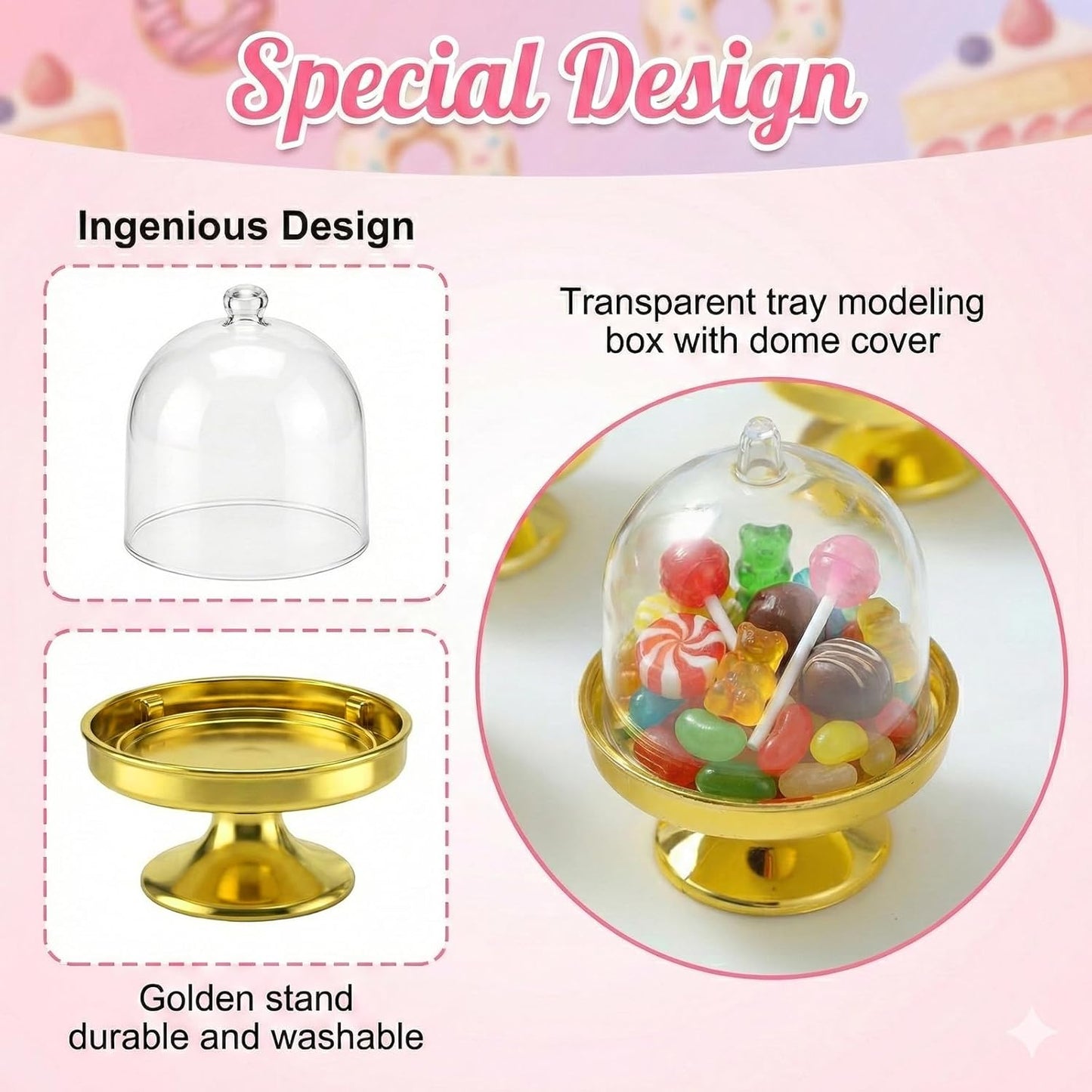 Soporte para mini pasteles Prasacco con cubierta de plástico transparente dorado