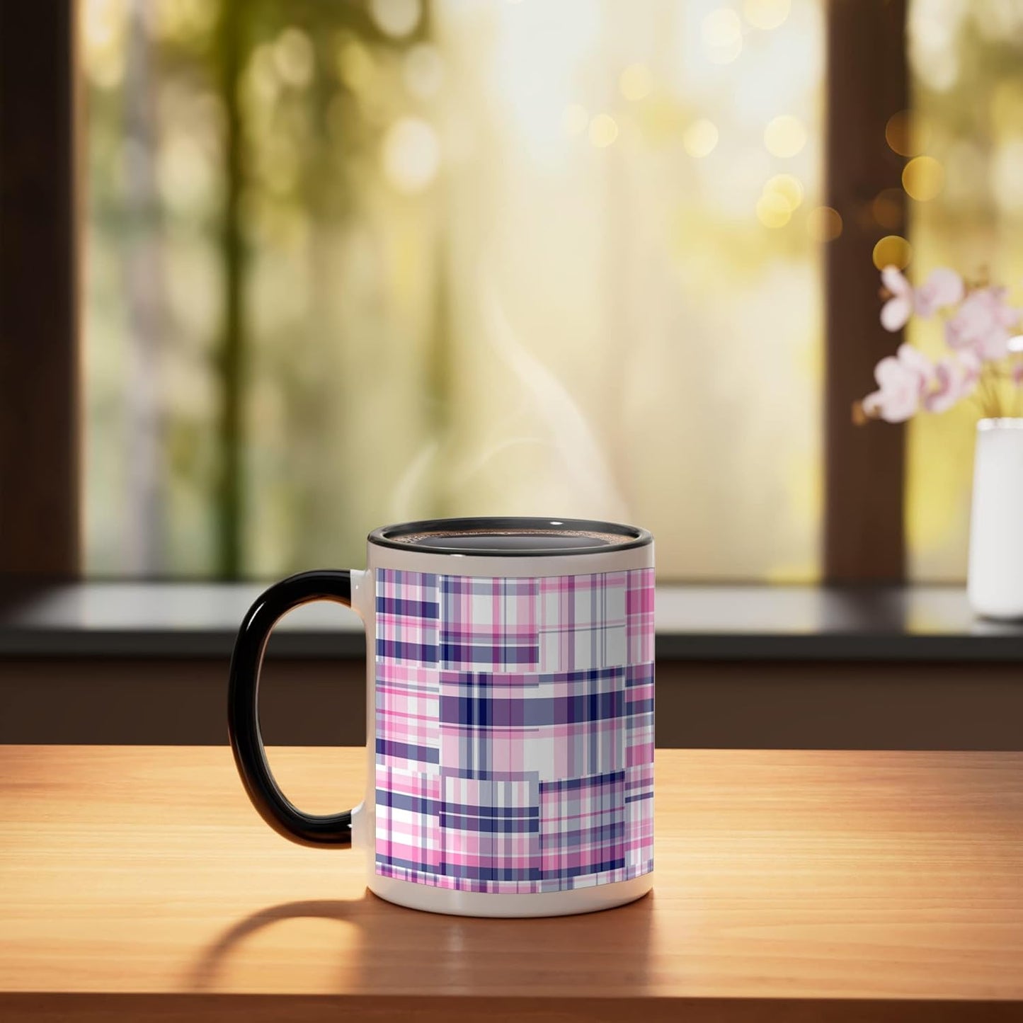 Taza cerámica Preppy Madras con patchwork rosa, azul marino y blanco