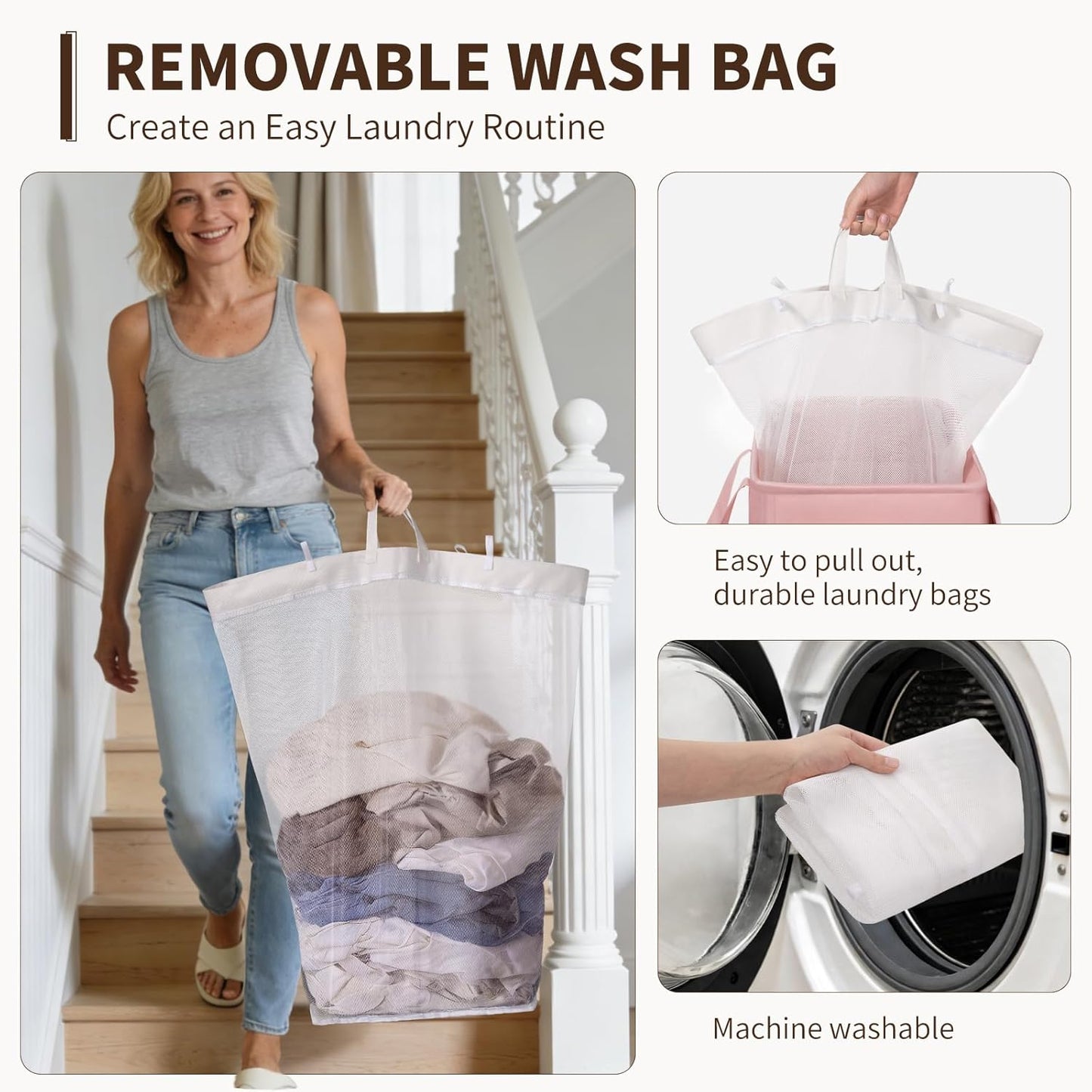 Cesta lavandería rosa con ruedas 75l baño dormitorio